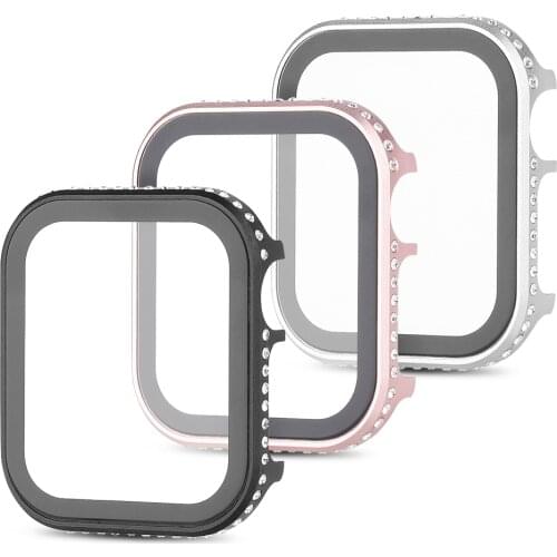 Glass Film with Metal Aluminum Cover for Apple Watch SE Case Series 6 5 4 3 Women Side Diamond Bumper Screen 40mm 44mm 38mm 42mm