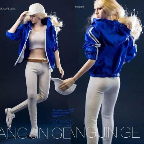 In Stock 1/6 Scale Female Clothes Blue Sportswear Jacket White Jeans Vest Fit For 12" Figure Action Model Doll Body Accessory