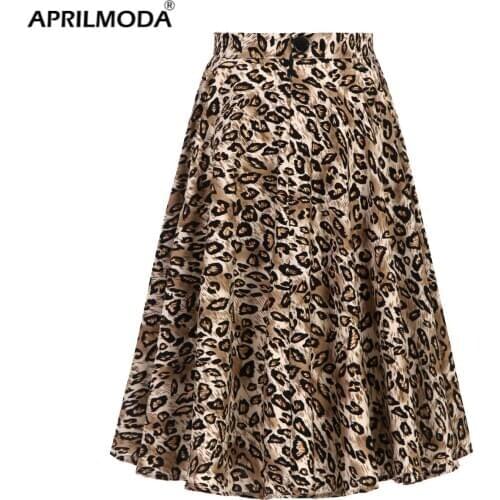 Spring Animal Leopard Retro Vintage 50s Skirt Women Ladies A Line Midi Floral Print Plus Size Sexy High Waist Swing Pinup Skater