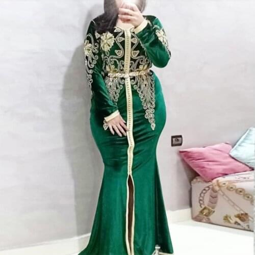 Green Appliques Beaded Mermaid Velour Moroccan Kaftan Evening Dresses Sexy Slit Muslim Arabic Mother Dress Long Prom Dresses