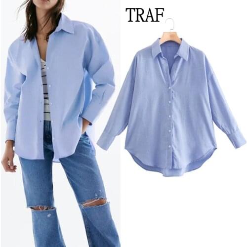 TRAF Za Women Shirt 2021 Single Breasted Blue Shirts Office Lady Long Sleeve Loose Asymmetry Blouse Female Shirt Blusas Chic Top