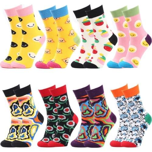 Womens Happy Funny harajuku Cotton Crew Socks Style Kawaii Smile Face Pattern Creative Ladies Novelty Cartoon Sock
