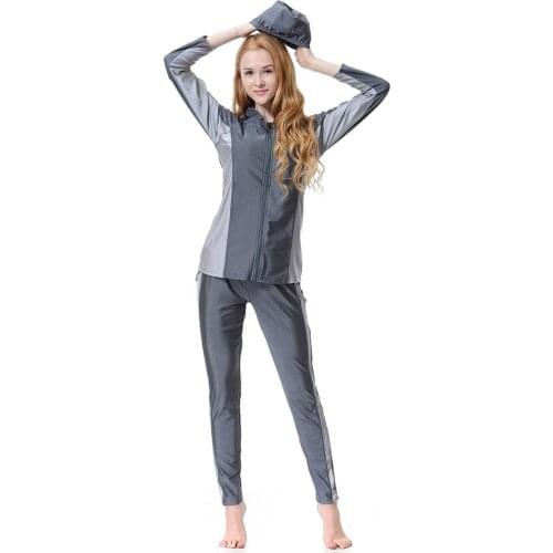 Full Cover Muslim Swimwear Hajib Islamic Swimsuit For Women Modest Splice Conservative Burkinis Swim Wear With Zipper