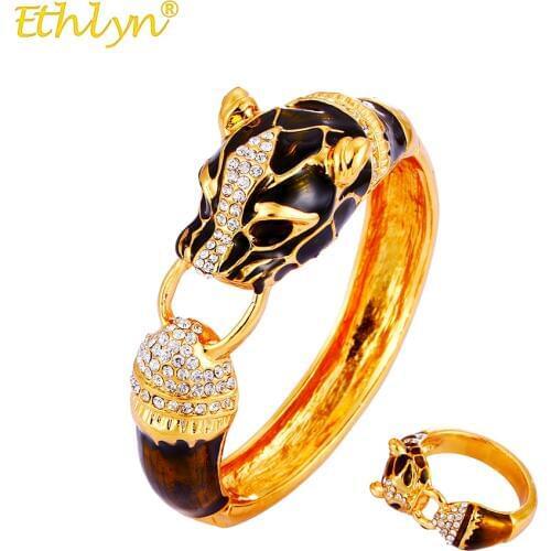 Ethlyn Bracelets For Women Crystal Jewellery Sets Yellow Gold Color Patchwork Black Leopard Female Rings& Bracelets Set B93