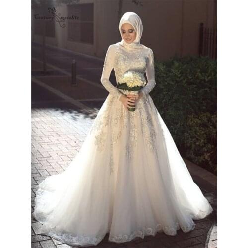 Vestido De Novia Muslim Wedding Dresses Long Sleeves Lace Appliques O-Neck Button Back Arabic Dubai Bridal Gowns Bride Dress