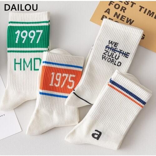 1975 Ins Trendy Socks Women Autumn Winter Sports Wind Casual Letter Cotton Socks Pink White Funny Happy Socks Popsocket Female