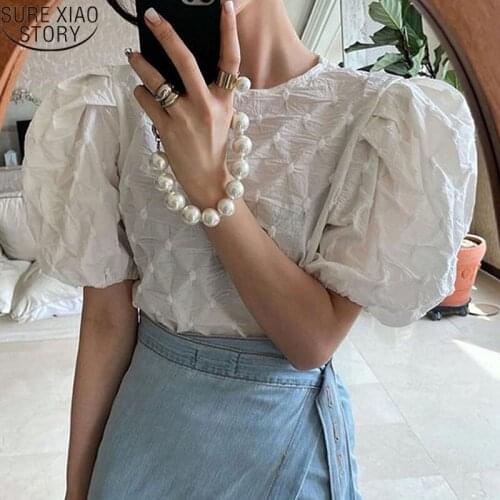 2021 Fashion Bubble Sleeve Summer O Neck Shirt Korean Pleated Womens Blouse Elegant Folds Loose Tops Blusas Mujer 15369