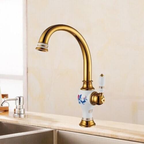 Free Shipping Brass torneira cozinha with porcelain kitchen faucet/single handle Gold finish basin sink mixers taps sink faucet