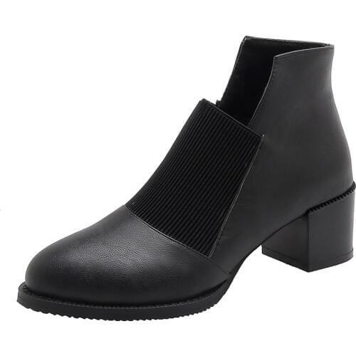 Shallow Mouth Elastic Band Chelsea Ankle Boots PU Fashion Simple Ankle Boots Round Toe Square Heel Solid Plush Stretch Fabric