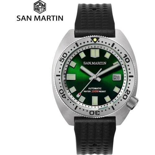 San Martin Mens Automatic Self-wind Curved Len Sapphire Crystal 120 Clicks NH35A SLN C3 Complete Calendar Water Resistant Watch
