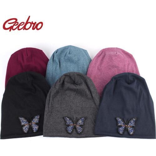 Geebro Womens Beanie Hat Spring Fashion Butterfly Rhinestone Slouchy Beanies for Women bonnet femme hiver DIY Skullies&Beanies