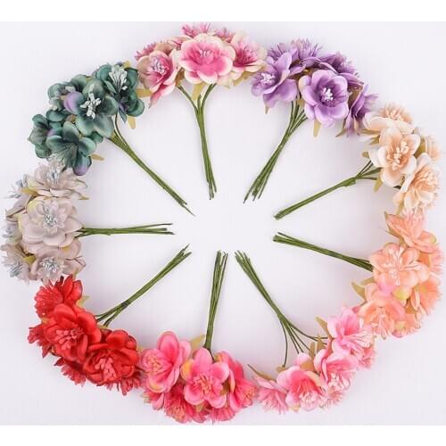 6pcs/lot Artificial Flower Silk Stamen Rose Bouquet Wedding Home Decoration DIY Garland Scrapbook Gift Box Craft Fake Flower