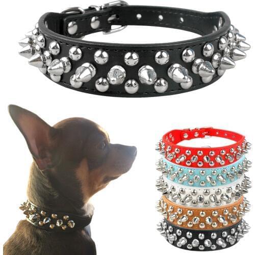 Cool Spiked Rivet Studded PU Leather Dog Pet Collars For Small Medium Dogs and Cats Puppies 5 Colors XXS XS S M L