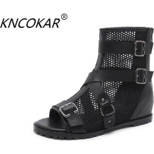 KNCOKAR New style leather belt buckles net face fish mouth sandal vogue 100 take recreational slope heel soft sole female shoe