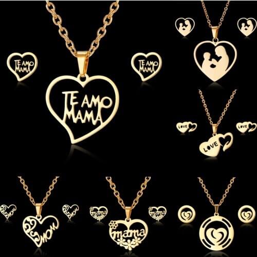 Rinhoo Mothers Day Jewelry Set Gift Stainless Steel Mama Love Heart Rose Flower Pendant Necklace Earrings Mom Thanksgiving Gift
