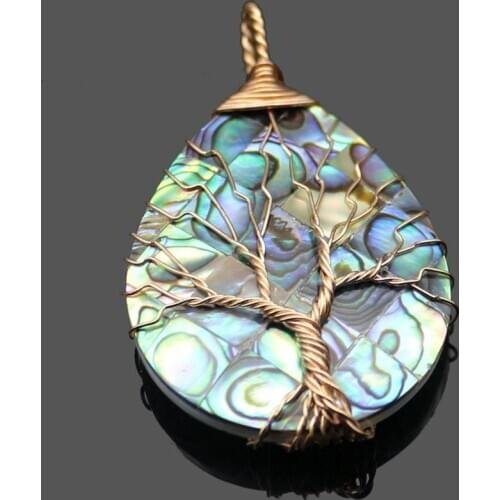Hot Sale In 2020 Hand Woven Tree Of Life Abalone Shell Pendant Necklace 52mm Water Drop Shape Fashion Womens Pendant Jewelry