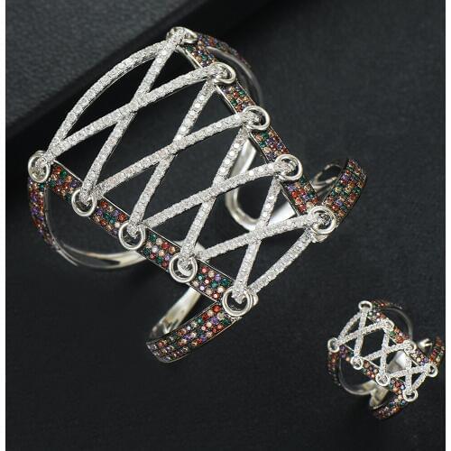 Missvikki Luxury Women Bridal Wedding ladies Wide shoelace Bangle Ring Set 2PCS For Full Micro Cubic Zirconia Noble Jewelry