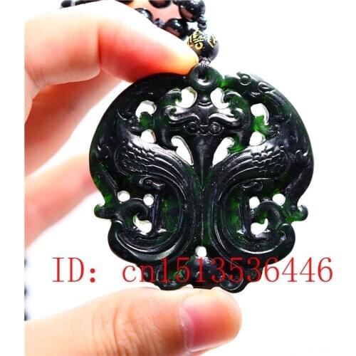 Chinese Natural Black Green Jade Phoenix Hollow Double-sided Carved Pendant Necklace Jewellery Amulet Gifts Sweater Chain