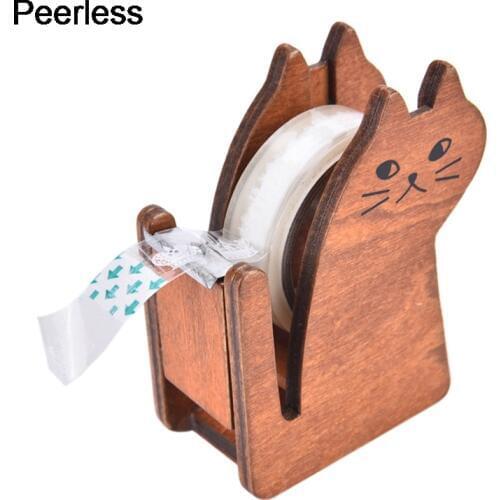 Peerless Coffee Color Cartoon cat wooden tape Dispenser Tape holder