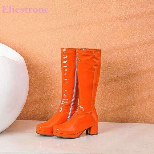 Winter New Comfortable Orange Red Women Mid Calf Boots Sexy Chunky Heels Lady Dress Shoes Plus Small Big Size 12 30 45 48
