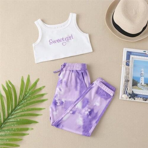Summer Active Kids Girls Tracksuits Summer Sports Two-piece Letter Embroidery Crop Tank Tops+Tie-Dyed Sweatpants for 2-7Years