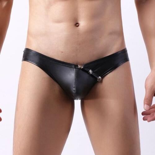 Men Faux Leather Briefs Mention Hip Underwear Jockstrap Y-Fronts U Convex Low Waist Short Pants Button Open Crotch Undershorts