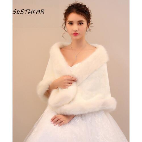 Bridal Jacket Elegant Top Women Fashion White Warm Winter Faux Fur Wedding Shawl Warp Cape Stole Wedding Accessories PJ046