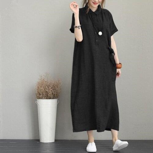 Womens Clothing Cotton And Linen Suspender Skirt Dress Dresses Casual Comfortable Fashion Leisure Black Lapel Design Pocket