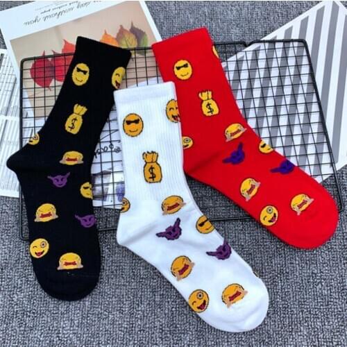 DONG AI 3 Pairs Crew Socks Women Lovely Cute Smile socks Winter Smiling Yellow Face Faces Street Fashion Combed Cotton Sox