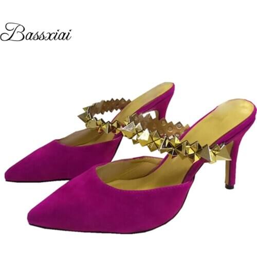Metal Rivet One-Strap Runway Mules Lady 10cm Thin High Heel Point Toe Luxury Suede Slingbacks Sandals Women Summer