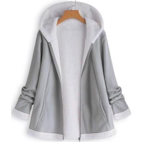 Casual Fluffy Coat Women Autumn Winter Solid Color Long Sleeve Zipper Button Cute Warm Hooded Coat Plus Size Outwear Female