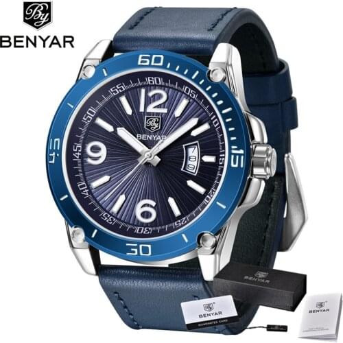 Benyar Mens Waterproof Quartz Watch Mens Casual Sports Watch Mens Leather Military Luxury Watch Automatic Clock Eloj Hombre