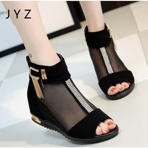 2018 New Fashion Womens Sandals Mesh Shoes Sequined Summer Height Increasing High Tops Black Lady aa0474