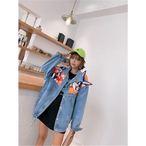 Cartoon denim jacket female tide brand 2021 spring and autumn new sequin printing loose large size tooling bf jacket