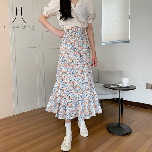 Heydress Women Vintage High Waist Korean Chiffon Boho Skirt Casual Sweet Slim Fishtail Party Skirt Summer Elegant Floral Skirt