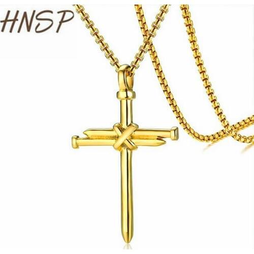 HNSP Golden Cross Necklace Men Pendant Nail Necklace for Male 3.0MM Stainless steel chain Jewelry gift wholesale