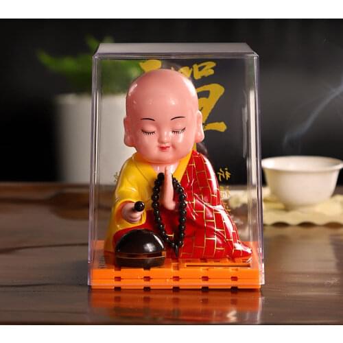 Creative Solar Power Car Ornaments Cartoon Monk Nodded and Knocked on The Wooden Fish Cute Car Accessories