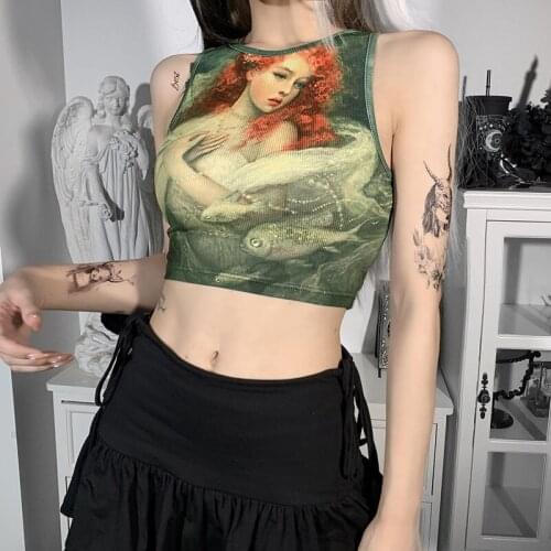 Women Y2K crop Top Summer Sleevless Knitted Vintage Oil Painting Top Mujer Korean Fashion Casual Ladies Cropped T shirt