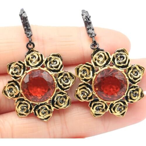 46x29mm Unique 21g Sunflowers Jewelry Set Created Orange Spessartine Garnet Street Jewelry Black Gold Silver Earrings Pendant