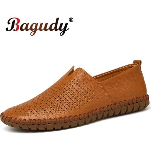 Genuine Leather Causal Shoes Men Loafers Summer Breathable Men Non-slip Driving Shoes High Quality Flats for Man Big Size Shoes