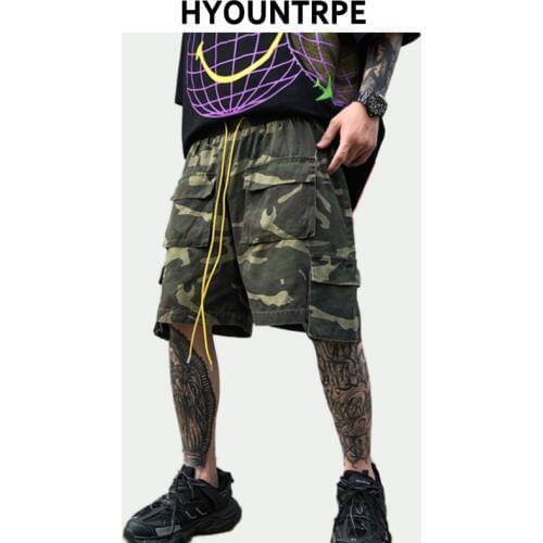 Mens Camouflage Hip Hop Shorts Stitching Pockets Cargo Shorts Casual Elastic Waist Drawstring Sportswear Streetwear Short Pants