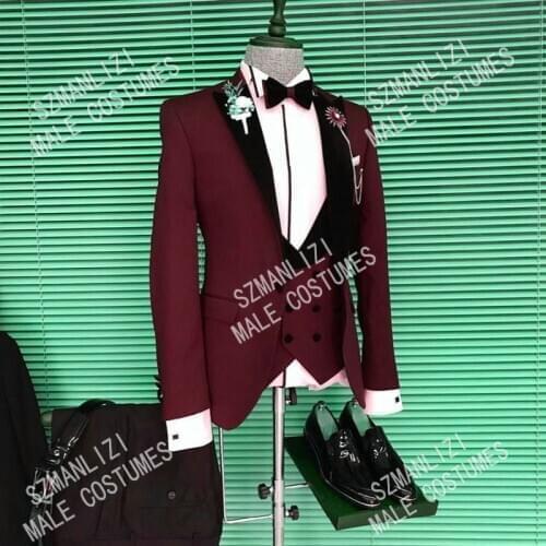 SZMANLIZI 2020 Terno 3 Pieces Custom Made Slim Fit Burgundy Wedding Suits Blazer Business Prom Suits Groomsmen Groom Mens Tuxedo