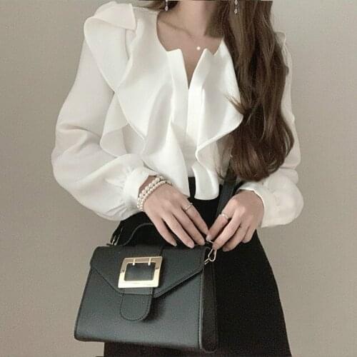 2021 New Elegant Chiffon Shirts Spring Autumn Solid Color Blouse Women Ruffles Design Femme Blusas Tops for Women Fashion