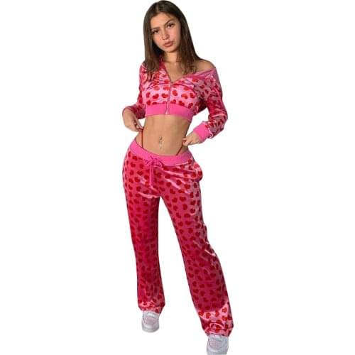 Sexy Hoodies Set Women Velvet Heart Print Kawaii Jackets With High Waist Wide Leg Pants Set Autumn Y2K Pink Suit Female LD2312