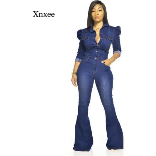 Spring and Autumn Womens Casual Denim Jumpsuit Winter Womens Slim Jumpsuit Full Sleeve Denim Flare Jeans Jumpsuit Sexy Nightcl