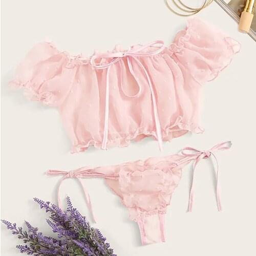 Pleated Mesh Lingerie Set Women Sweet Cute Babydoll Sleepwear Ladies Crop Tops+Briefs Underwear Ensemble String Set