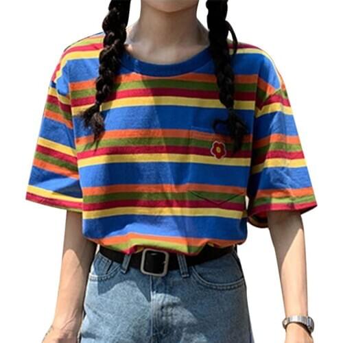 2019 Harajuku Women T Shirts Korean Rainbow Striped Tee Shirts Sumemr O-neck Loose T-Shirt Woman Clothes Short Sleeve Tee