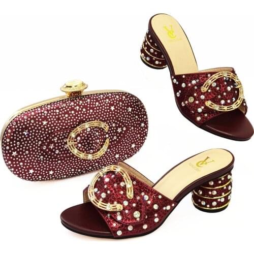 2021 Wine Color African Women Shoes and Bag Set Decorated with Rhinestone Italian Shoes with Matching Bag Set Italy Shoes