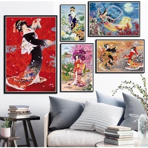 5D diamond-painted diamond embroidery handcrafted Japanese female geisha cross-stitch room decoration without frame