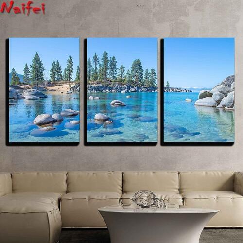 Diamond Painting Full Square Triptych"River bank tree stones seaside landscape" 3D Embroidery Cross Stitch 5d DIY Mosaic decor